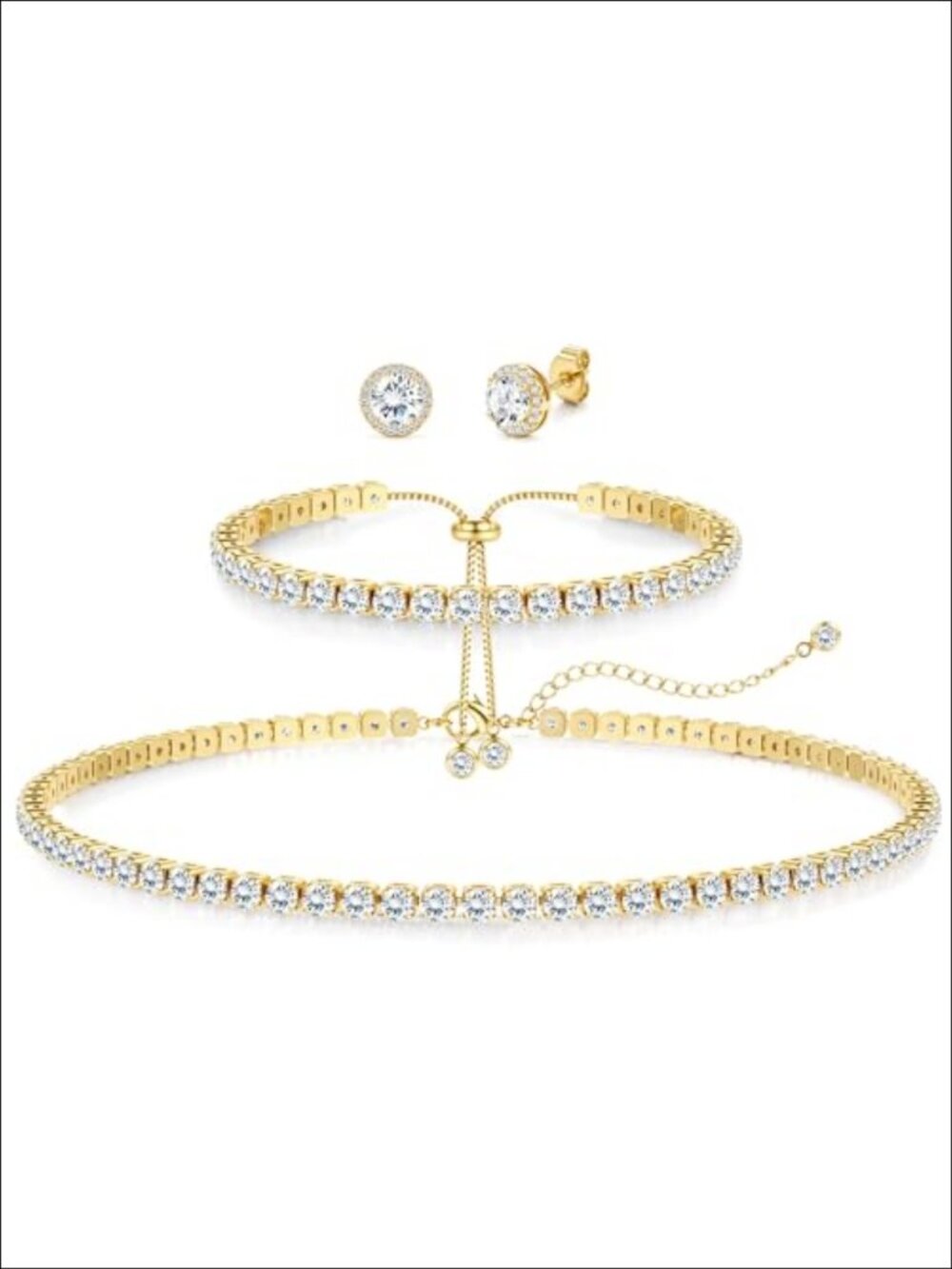 925 Sterling Silver Tennis Necklace Bracelet Earrings Set Gold Plated